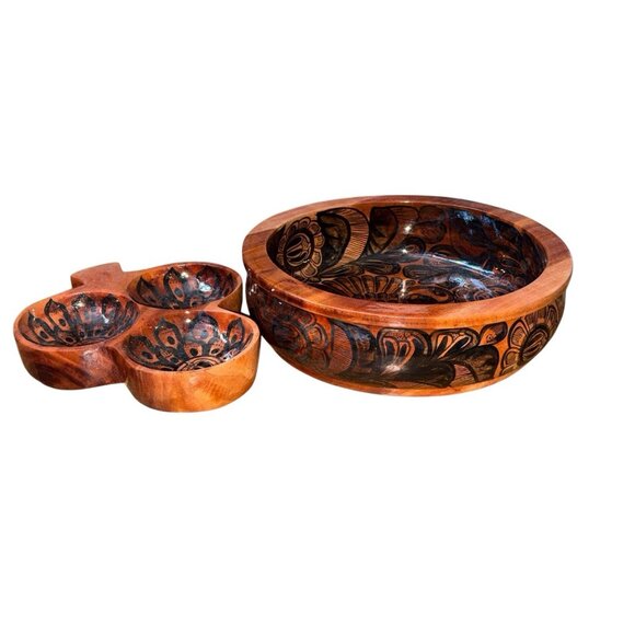 VTG Handmade Mexican Wooden Bowl Set Hand Painted Birds Signed Jose Angel Ixtapa - Picture 1 of 11